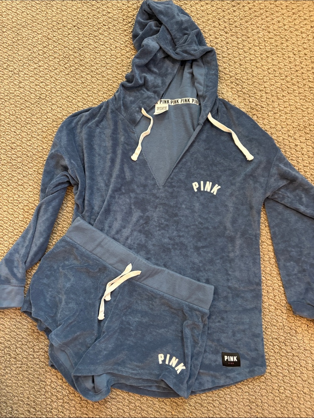 PINK Victoria's Secret Washed Blue Hooded Sweatshirt and Terry short set